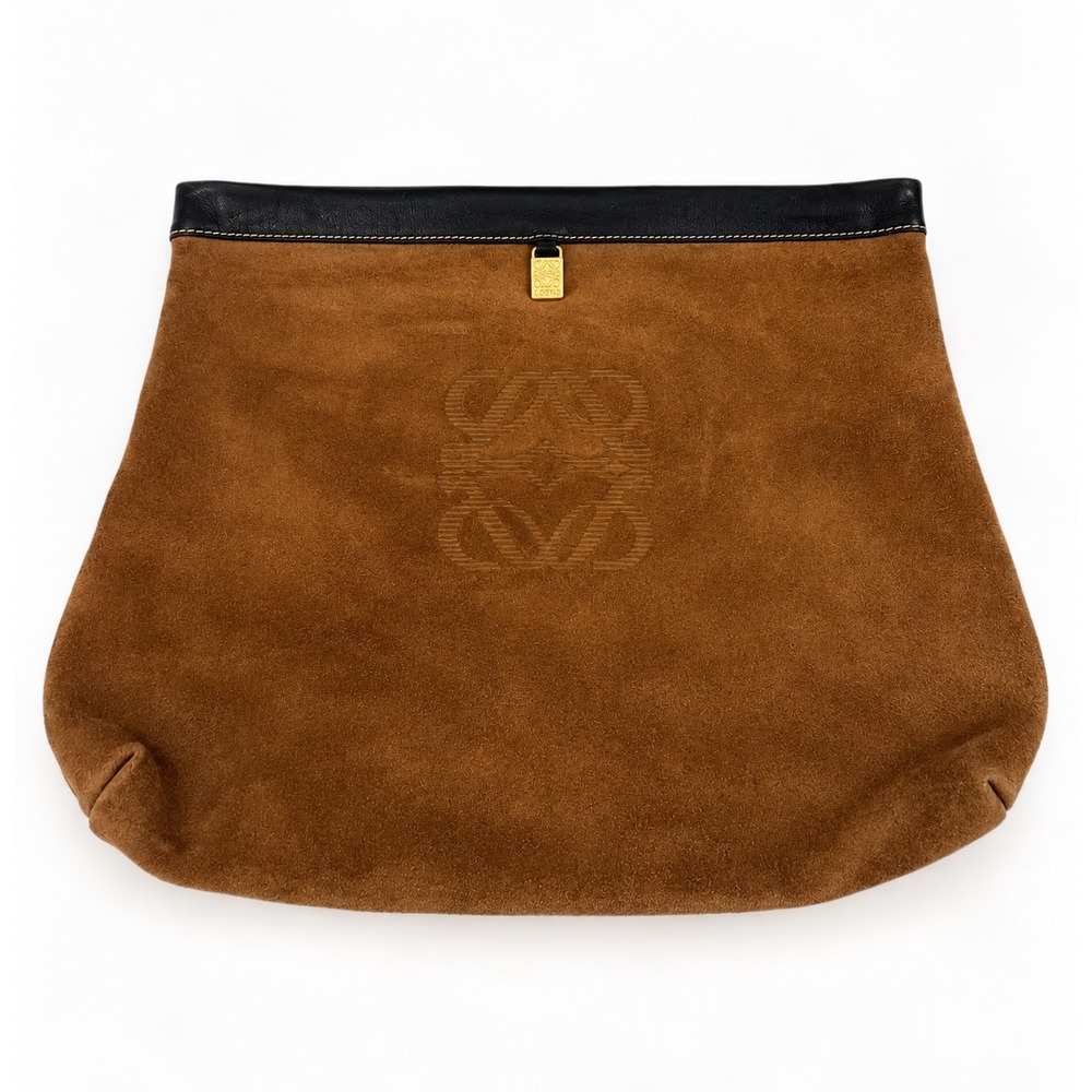 Loewe Pouchette Women OS Brown Suede Leather Anagram Clutch Vintage Quiet Luxury